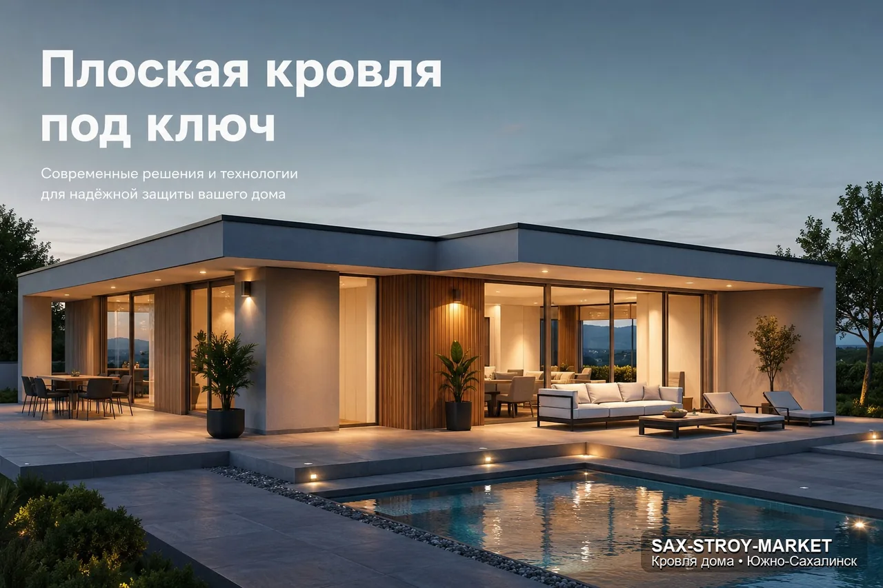 Слой покрытия показывает вблизи: дом с кровельным покрытием, общий вид крыши, дымоход и карнизный свес. Южно-Сахалинск, Сахалин: порядок работ — тип покрытия, подъём материала, снеговая нагрузка.